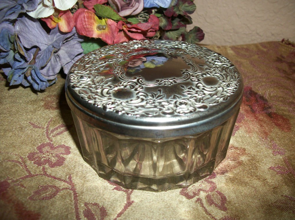 Silver Plated Jewelry Box Antique 1950's Powder Jar Vanity Table Glass Dish