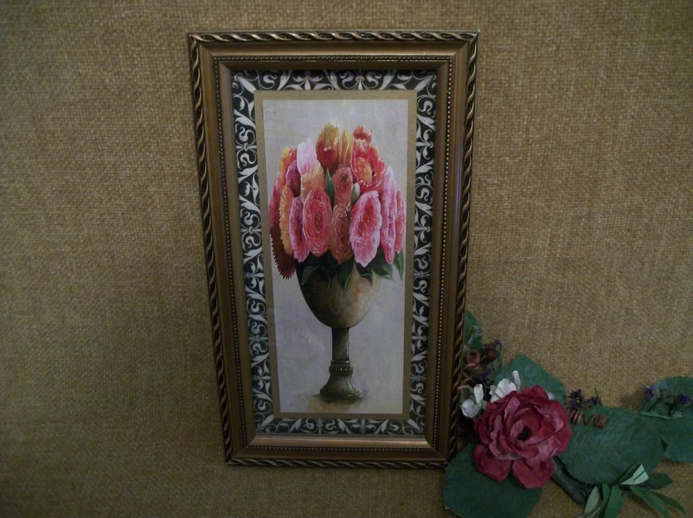 Vintage Framed Art Cottage Chic Floral Picture Pink Roses Bouquet Urn Art Deco