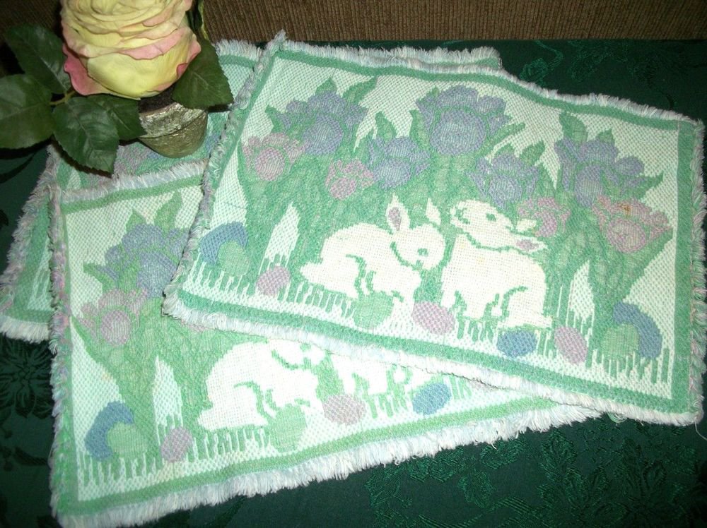 Place Mats White Rabbits Pastel Floral 3 Vintage Woven Cotton Tableware Linen