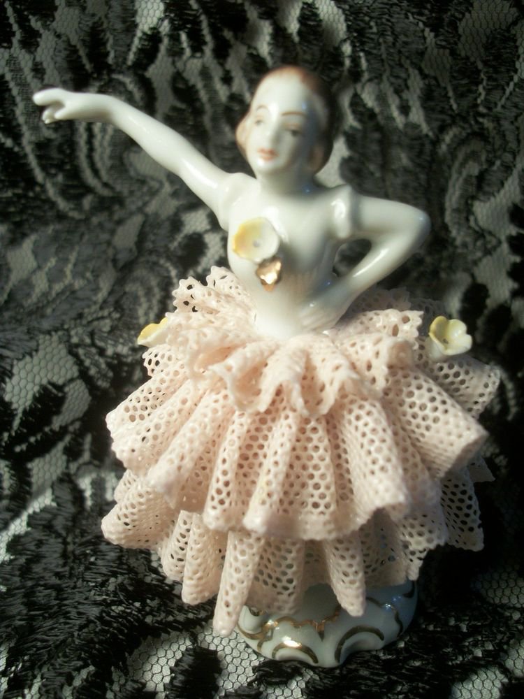 Antique Porcelain Dresden Figurine Woman Ballerina Dancer Pink Lace Dress