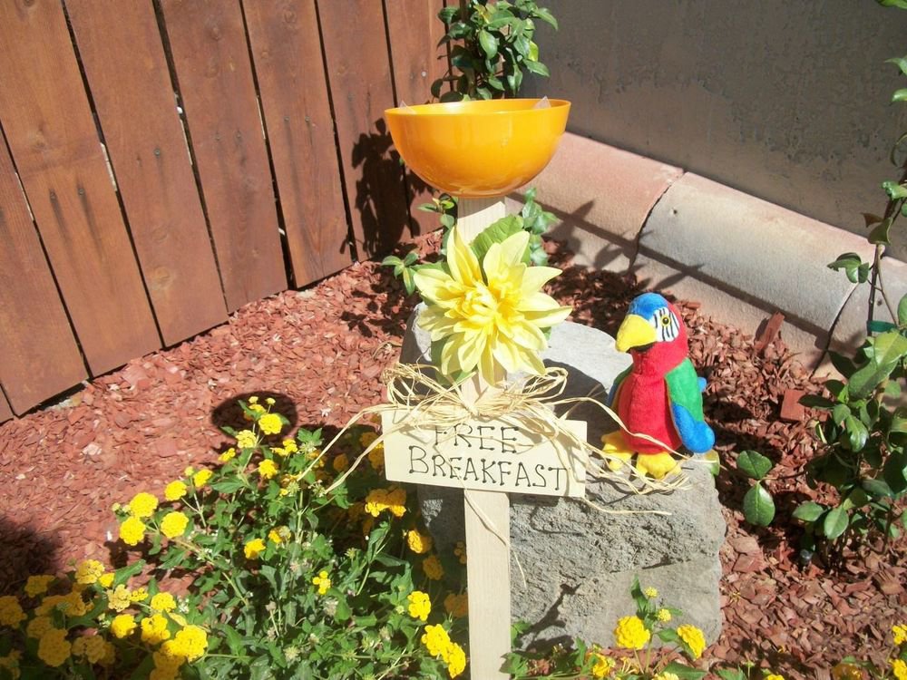Free Breakfast Sign Bird Feeder New Handmade Orange Dish Yellow Flower Yard Art