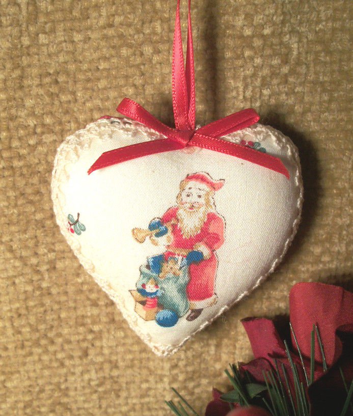 Old World Santa Claus Fabric Heart Christmas Tree Ornament Red White Ribbon Lace