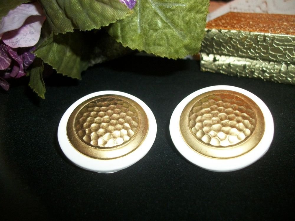 White and Gold Earrings Golf Ball Textured Metal Big Round Vintage Jewelry