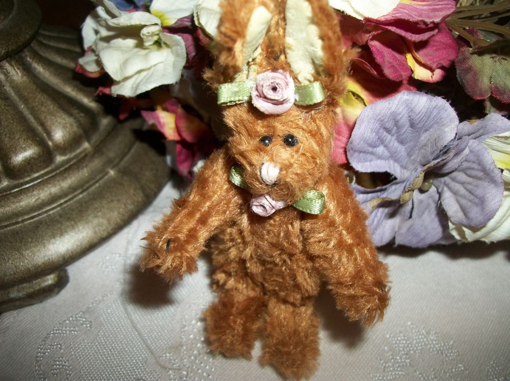 Bunny Rabbit Stuffed Animal Vintage Miniature 4" Brown Plush Home Decor Gift