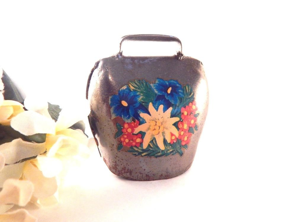 Steel Bell Animal Cow Goat Floral Transfer Vintage 1940's Antique Collectible