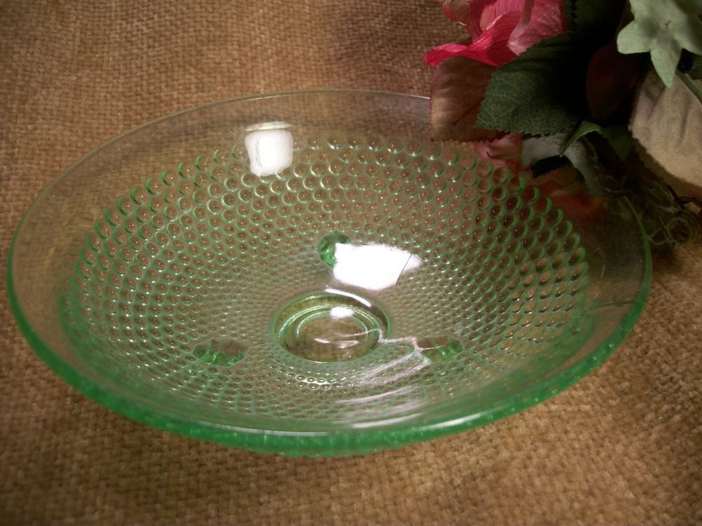 Green Depression Glass Hob Nail Footed Candy Bowl Vintage 1950's Serving Dish