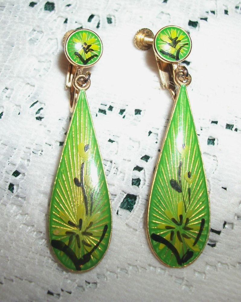 Dangle Earrings Gold Metal Clip-On Mod Green Yellow Teardrop VTG Fashion Jewelry
