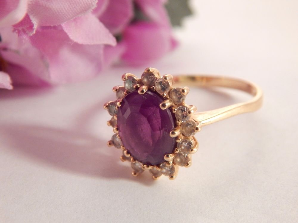 Purple Amethyst and Diamond Cocktail Ring 14kYG Fine Jewelry Vintage Gemstone