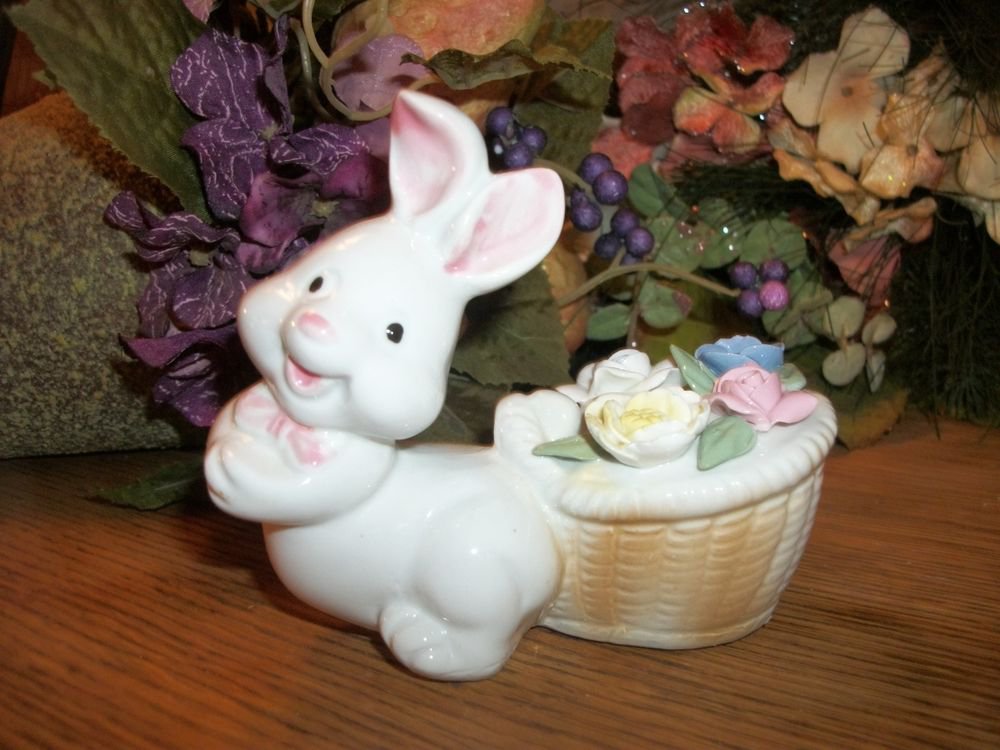 White Bunny Rabbit Figurine Porcelain Spring Flower Basket Vintage Home Decor