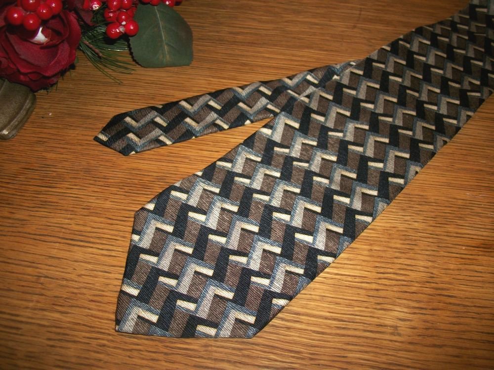 Milano Uomo Silk Tie Black Brown Silver Geometric VTG Mens Designer Necktie