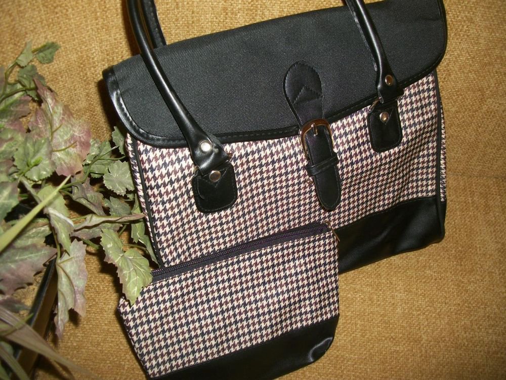 Classic Preppy Houndstooth Plaid Handbag Black Faux Leather Envelope Purse