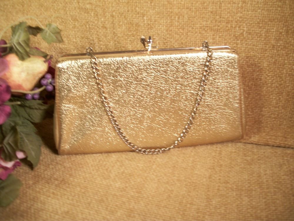 Sparkly Gold Evening Bag Convertible Clutch Chain Handle Purse Vintage Handbag