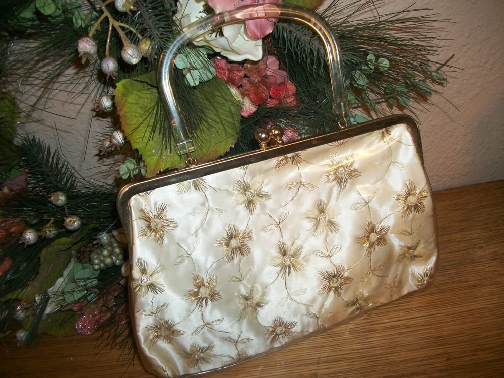 Semi-Formal Day Handbag Elegant VTG 1960's Purse Gold Ivory Metal Vinyl Mod Bag