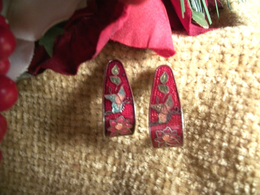 Red Cloisonne Drop Down Earrings, Vintage Enamel Jewelry, Flowers Butterfly