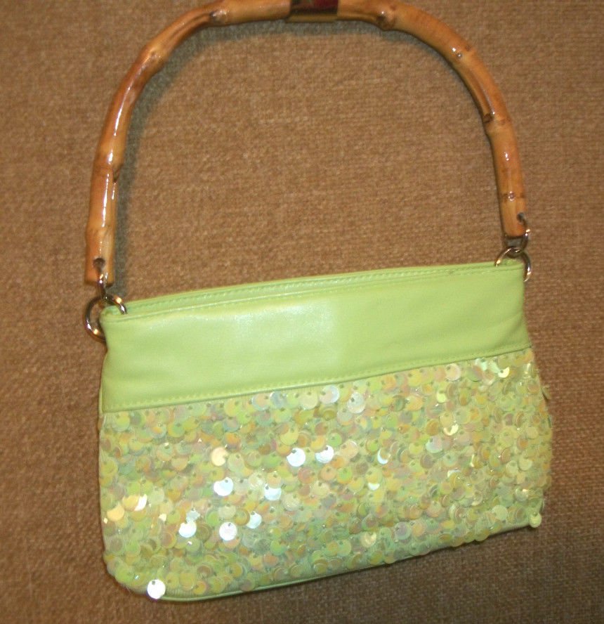 LIME GREEN Sequined and Beaded Purse SONDRA ROBERTS Bamboo Handled Hand Bag