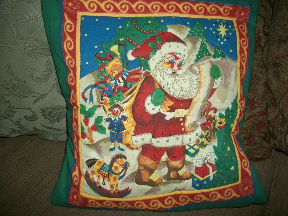 Vintage 15" Square Quilted Pillow Cover, Christmas Design Santa Toys Green Red
