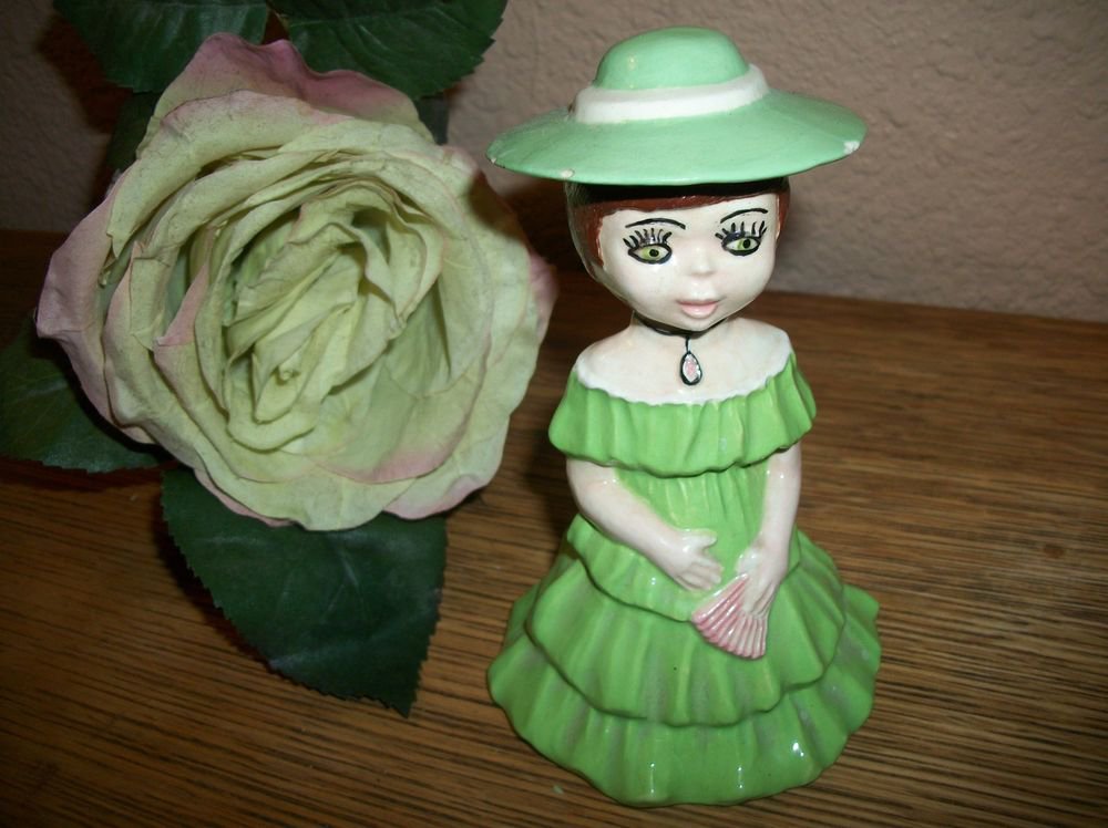 Southern Belle Figurine Hand Painted VTG Ceramic Girl Green Ruffled Dress Hat