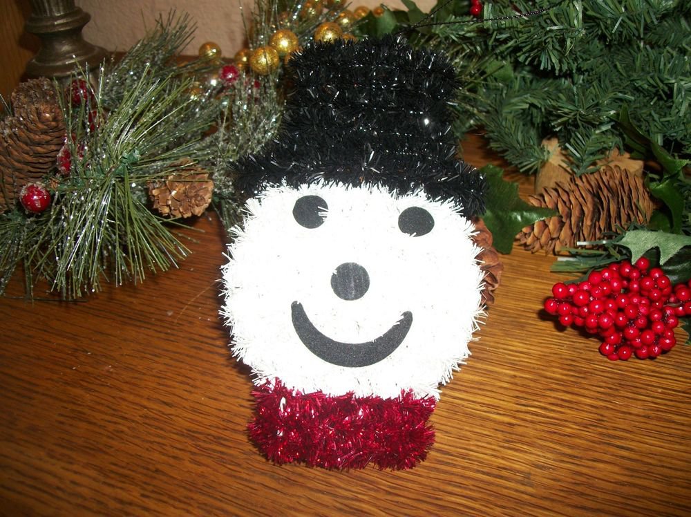 Snowman Christmas Tree Ornament Black White and Red Metallic Chenille Stems