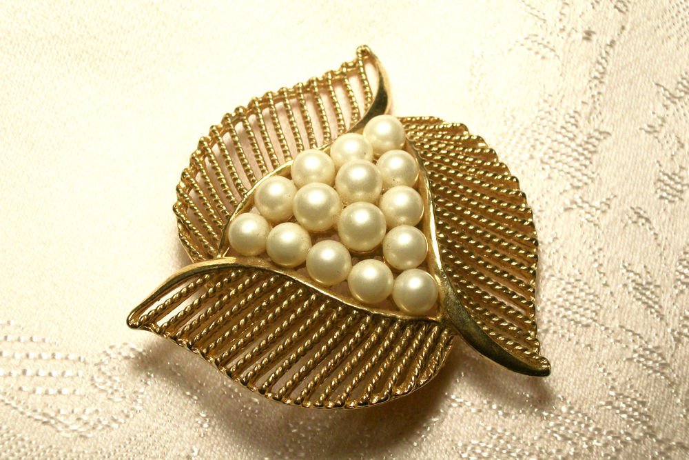 Gold Tone Metal Brooch Leaves and Faux Pearls Triangle Coat Pin 1950's Fashion