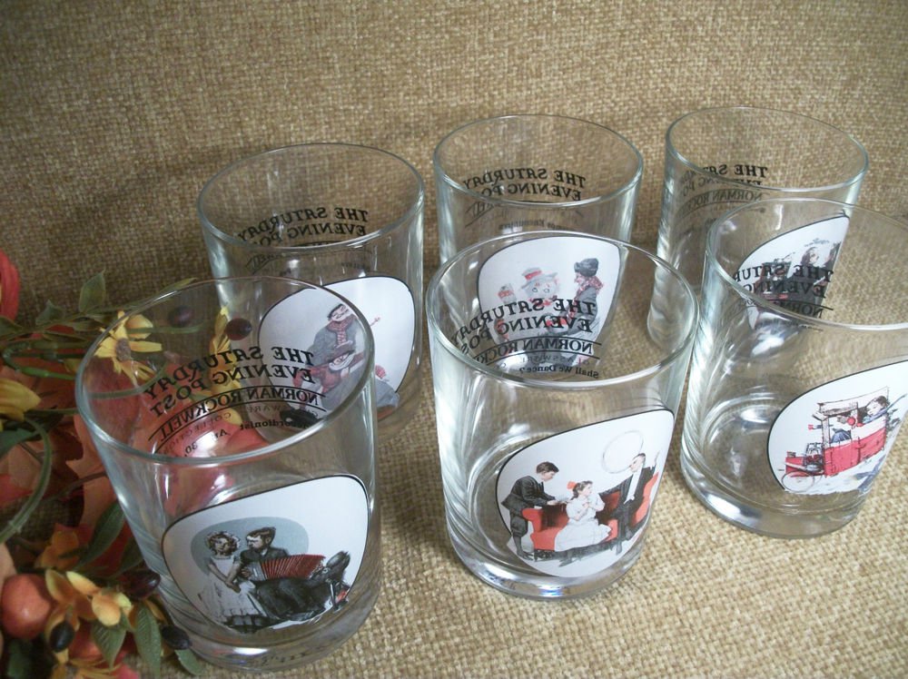 Norman Rockwell Saturday Evening Post Beverage Cocktail Glasses Vintage Barware