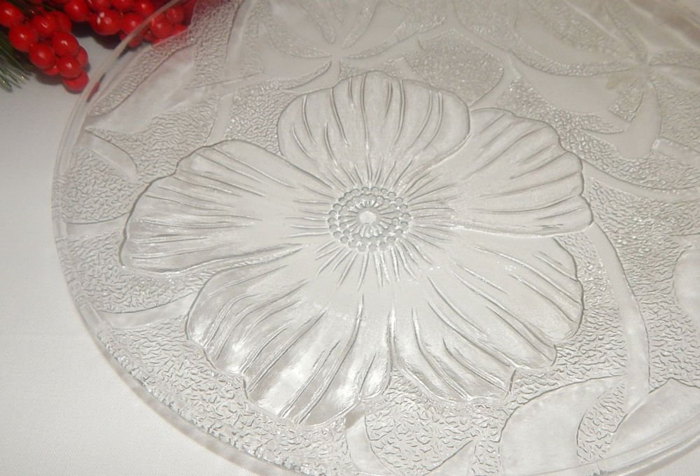 Clear Pressed Glass Serving Platter Plate Tray Floral Vintage 1980's Tableware
