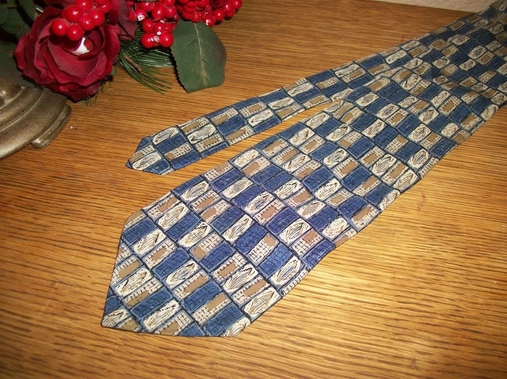 Oscar de la Renta Silk Tie Blue Beige Gold Necktie USA Made Mens VTG Fashion