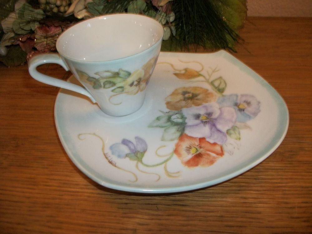 Tea or Coffee Cup Dessert Plate Set VTG 1960's Hand Painted Porcelain Floral