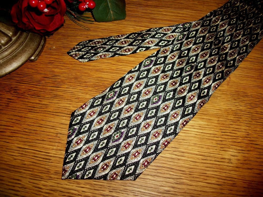 Burma Bibas Silk Tie Black and Gold Diamond Geometric VTG Mens Designer Necktie