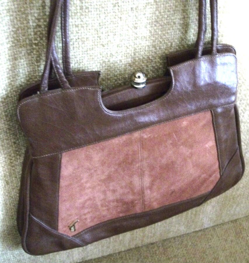 Mr T Handbag Double Strap Multi-Compartment Brown Faux Leather Suede Purse