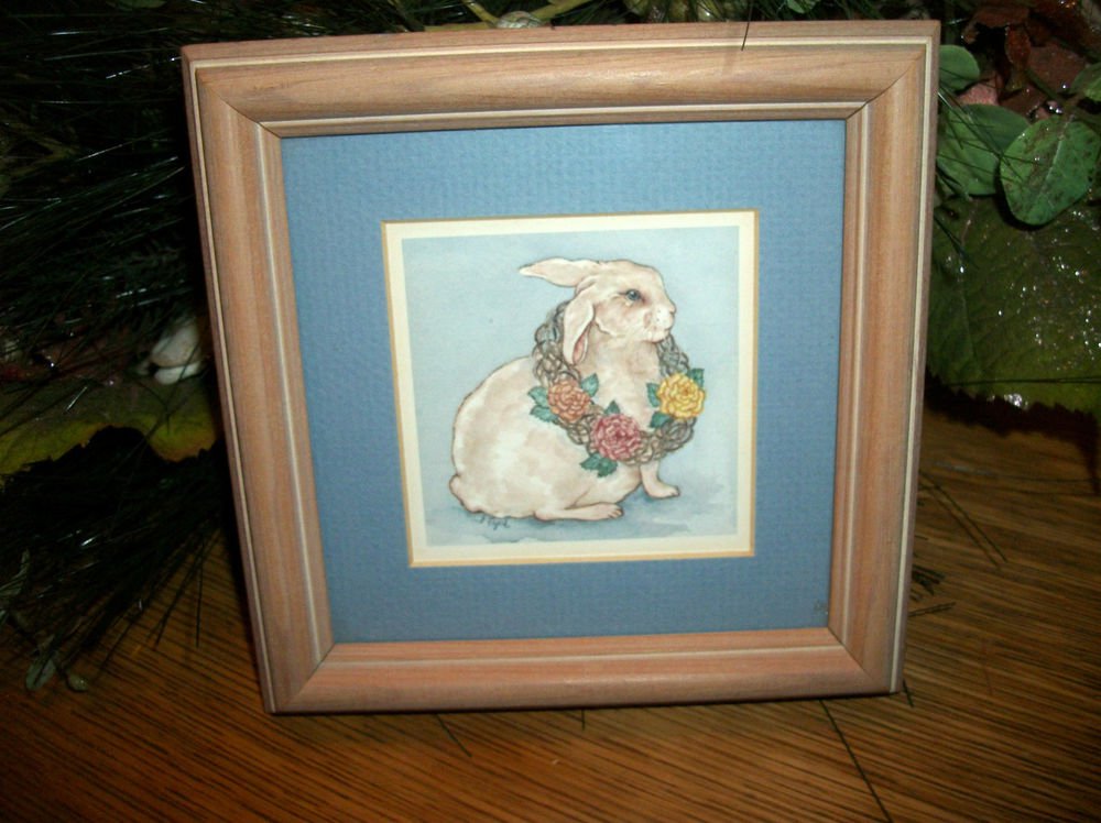 White Bunny Rabbit Original Framed Art Print by Grace Feyock VTG Wall Picture