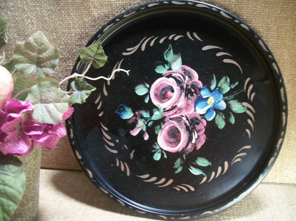 Antique 1930's E T Nash Toleware Round Black Metal Tray Floral Design Pink Roses