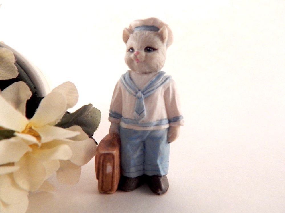 Miniature Grey Cat Navy Uniform Traveling Kitty Cucumber Style Vintage Figurine