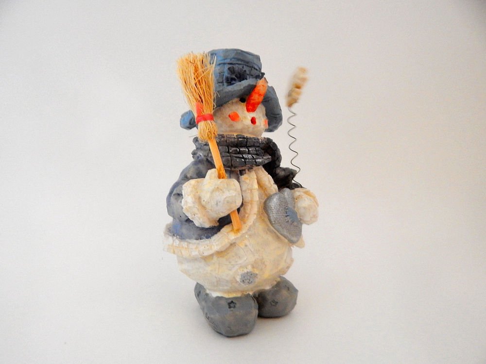 Snowman Figurine Rustic Carved Wood Style Resin Blue and White Christmas Decor
