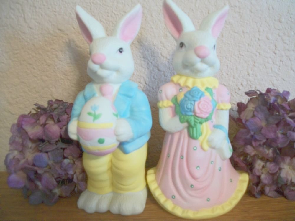 Bunny Couple Figurines He She White Rabbits Hand Painted Ceramic VTG Home Decor