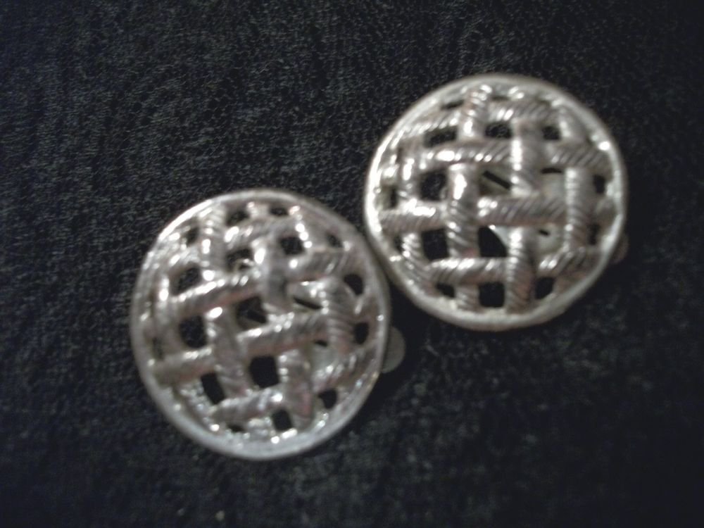 Silver Metal Earrings Open Basket Weave Round Clio-On 1960's Vintage Jeweley