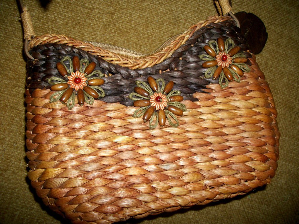 SunNSand Woven Palm Leaf Beaded Handbag Beach Resort Boho Leather Strap Purse