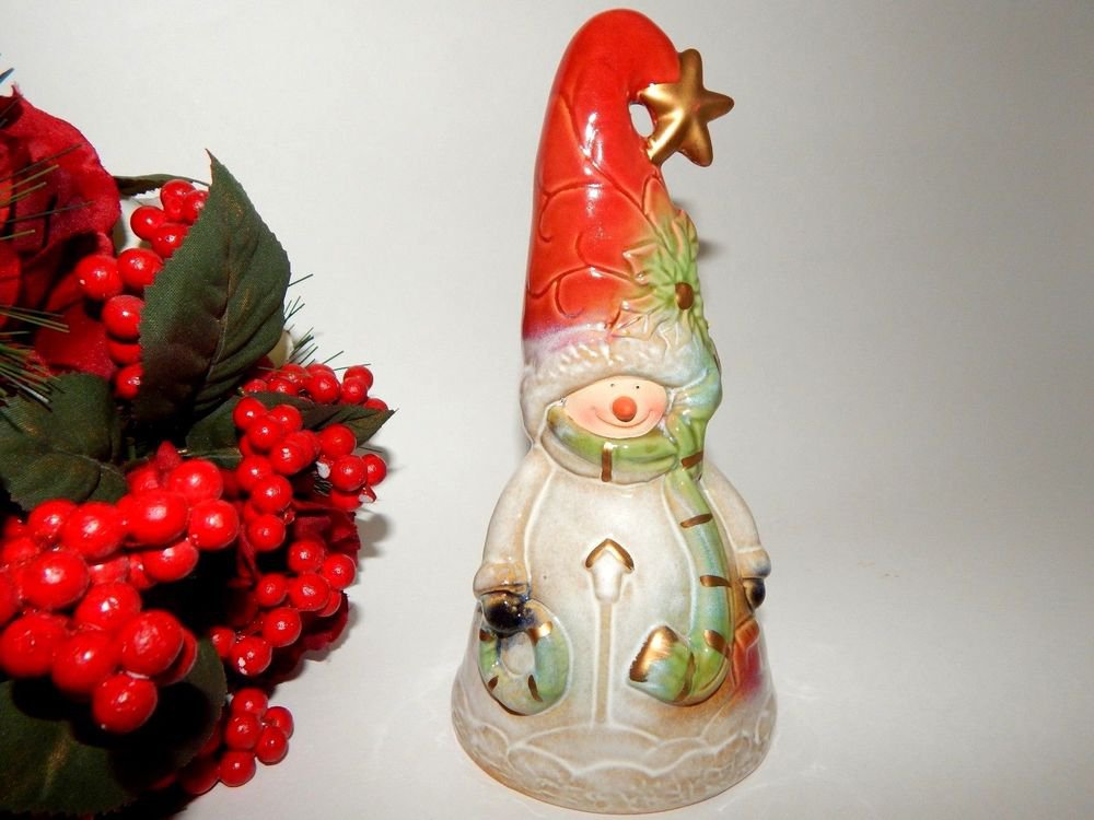 Snowman Bell Whimsical Ceramic Christmas Figurine Vintage Winter Home Decor