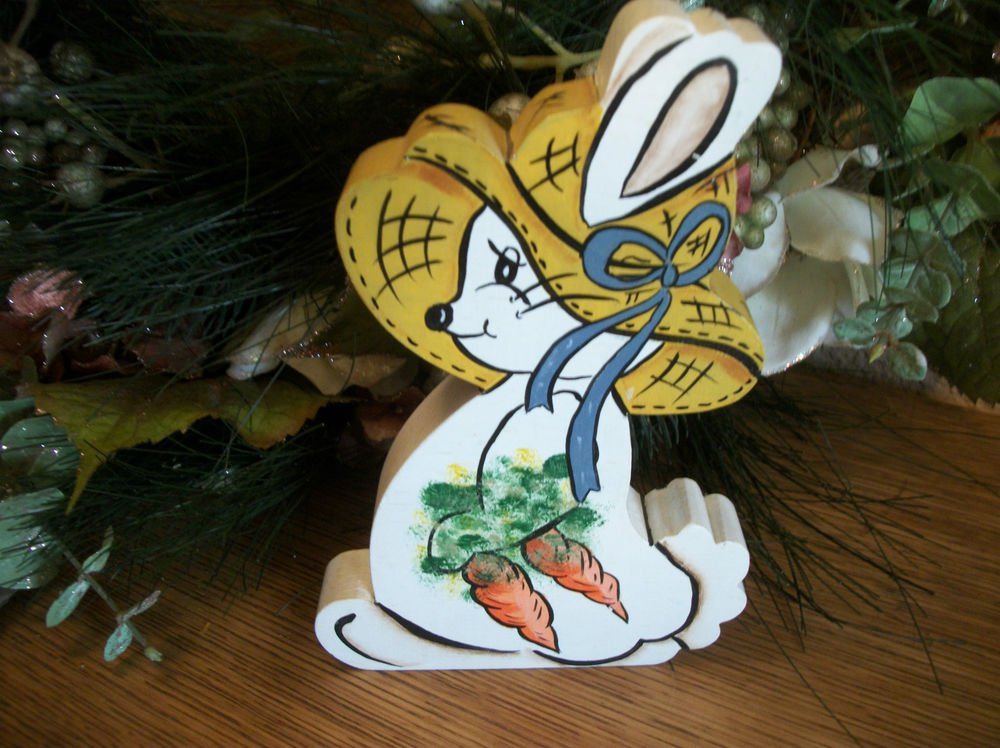 Rabbit Figurine Tole Painted White Bunny Handcrafted Wood Vintage Home Decor