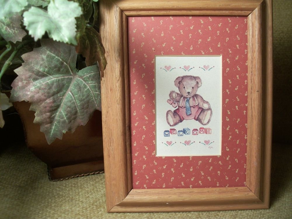 Teddy Bear Welcome Blocks and Hearts Oak Framed Art Print by DJM