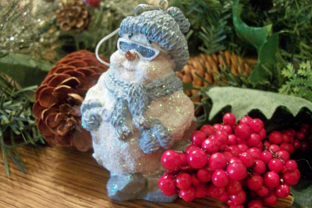 White and Blue Snowman Wearing Sun Glasses Gilttery Christmas Tree Ornament