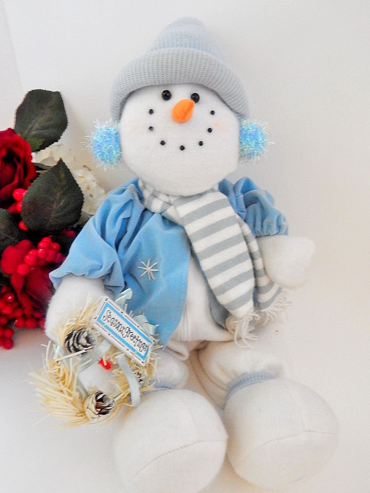 Snowman Doll Music Box Light Up Blue and White Doll Christmas Decoration