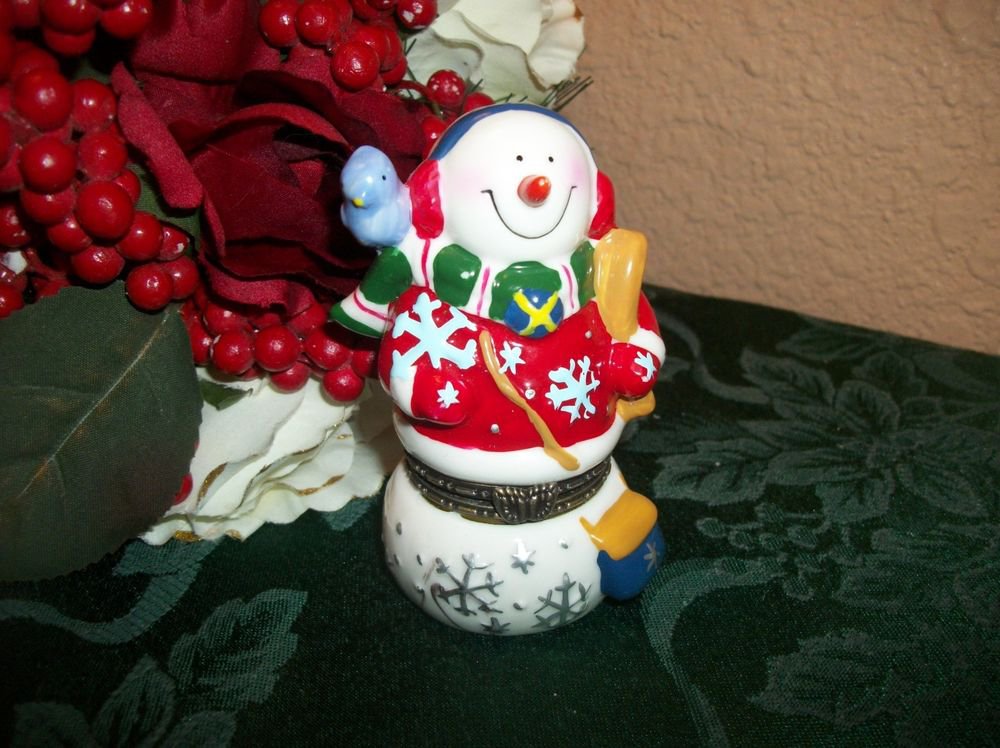 Snowman and Blue Bird Ceramic Figurine Ring Trinket Box Winter Christmas Decor