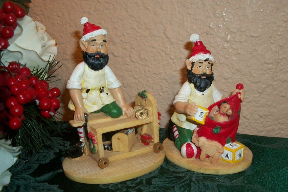 Two Elf Figurines Christmas Elves Santas Helpers Wood Toy Makers Collectible