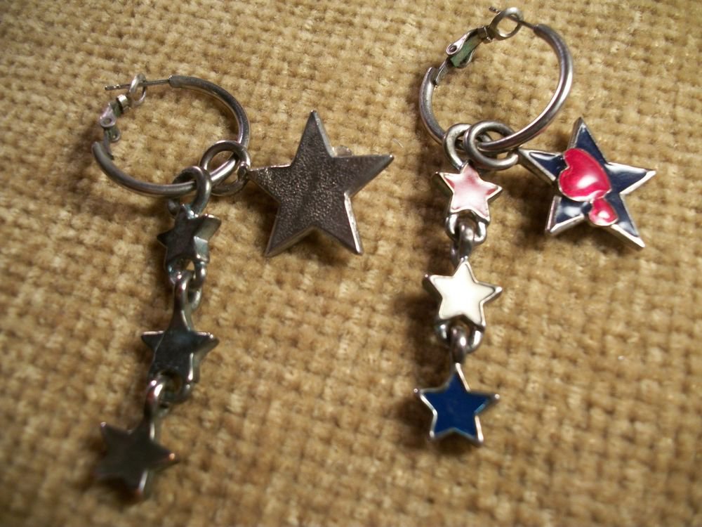 Red and Blue Star Charms on Hoops Dangle Earrings Patriotic Fashioin Jewelry