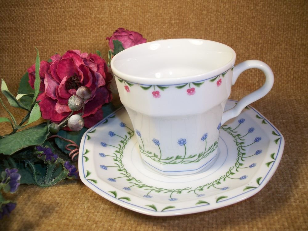 Mikasa Tea Cup and Saucer Younger than Springtime Bali Hai Pink Blue Floral VTG