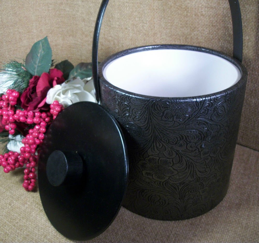 Ice Bucket Vintage Irvinware Black Metallic Floral Paisley Vinyl Bar Accessory