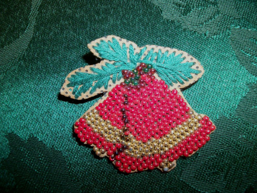 Christmas Bells Pin Holiday Brooch Vintage Handcrafted Beaded EmbroideryJewelry
