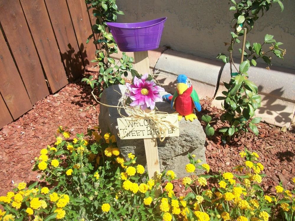 Welcome Tweet Birdies Bird Feeder New Handmade Purple Dish and Flower Yard Art