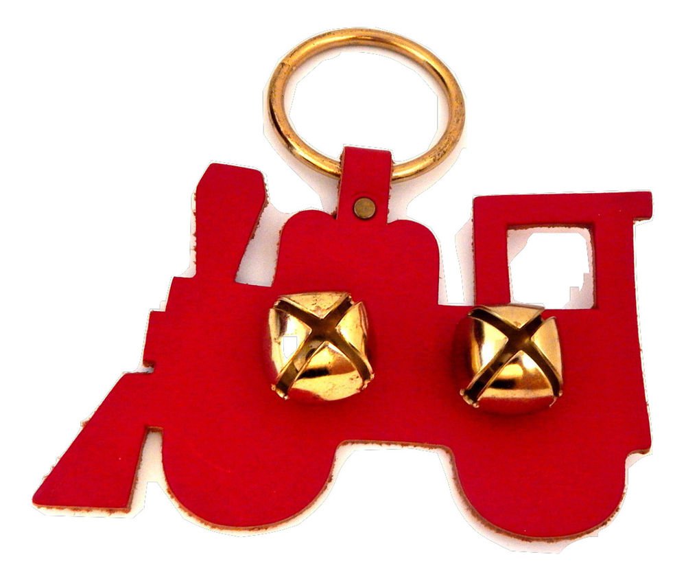 Jingle Bells Door Knob Hanger Red Leather Train Silhouette VTG Christmas Decor