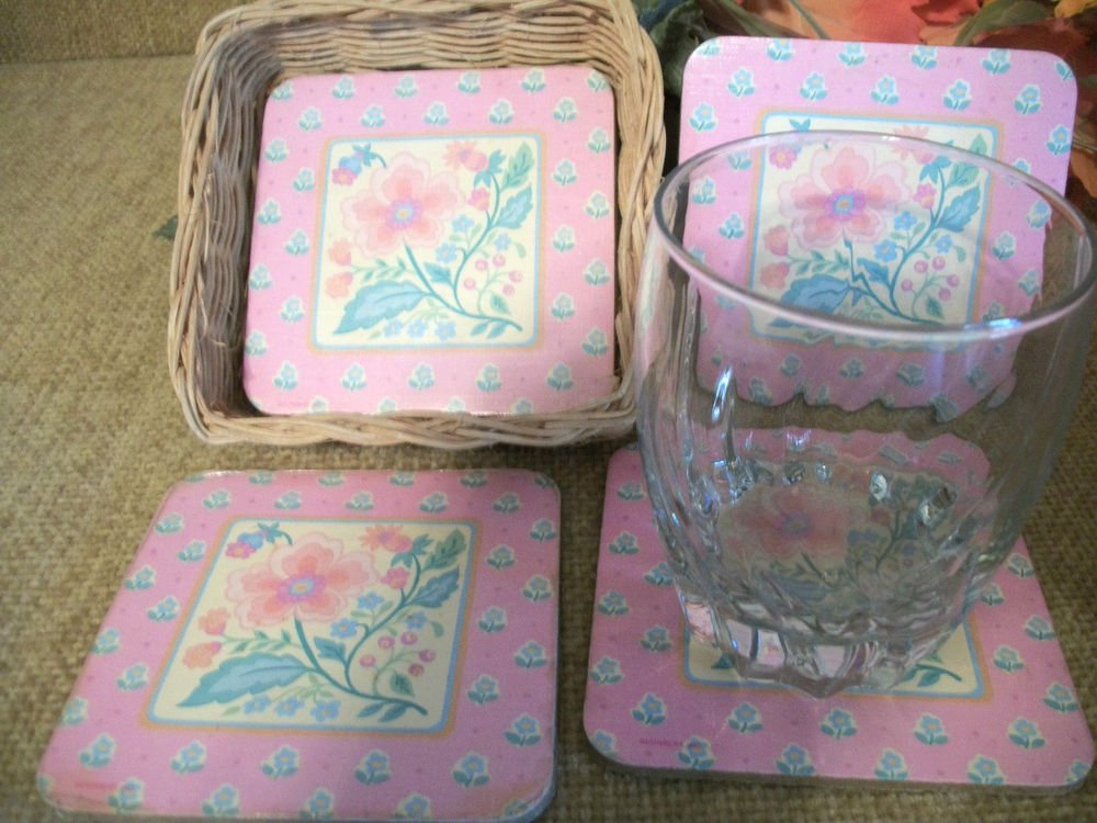 Coasters Barware Four Paste Floral Cork Backed Glass Mats in Wicker Basket